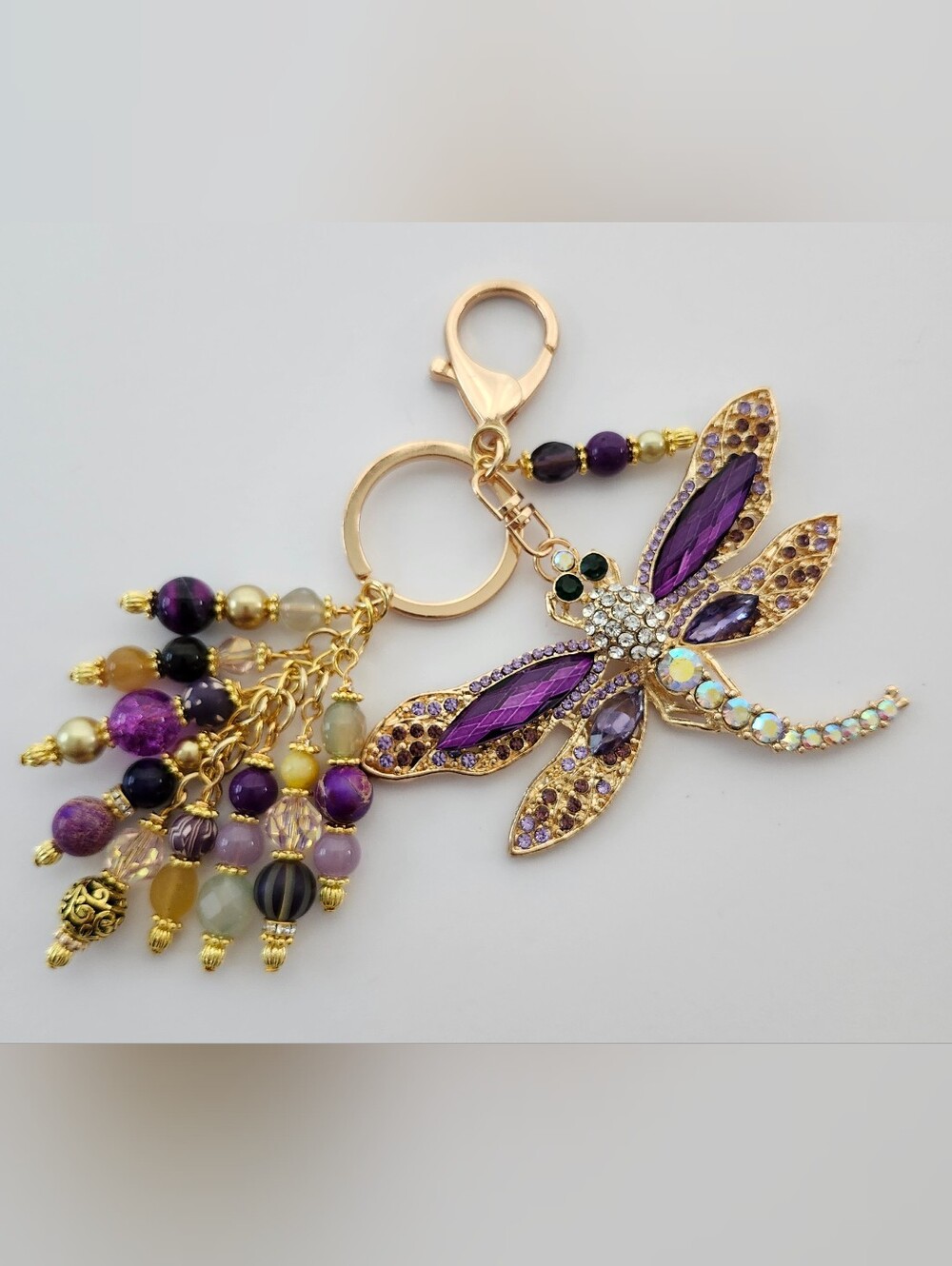 Dragonfly Rhinestone Purse Charm Amethyst Aurora Tigers Eye Handcrafted